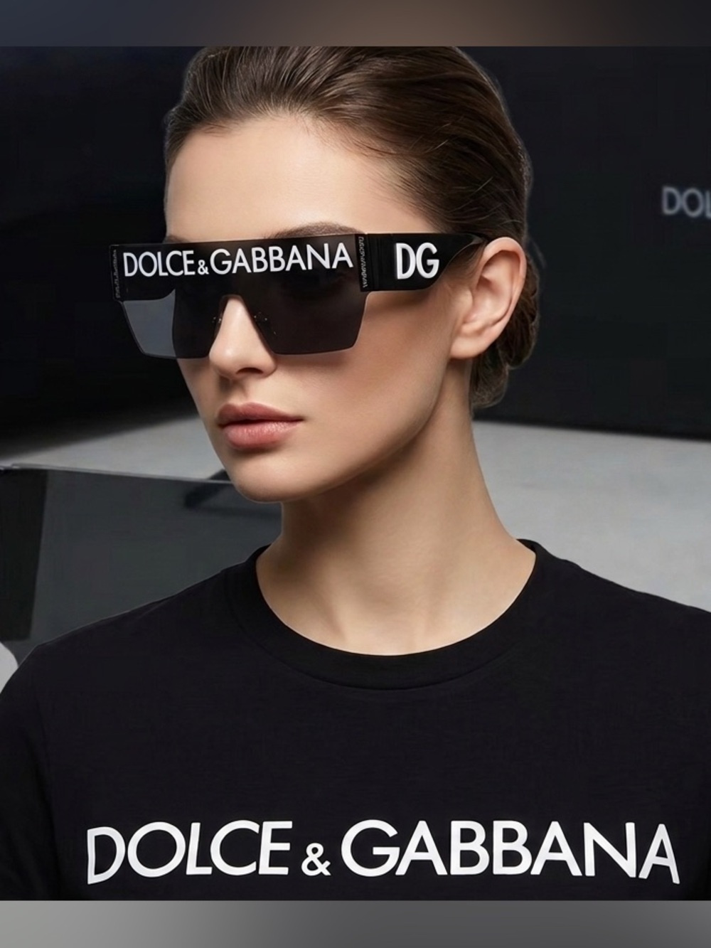 Dolce & Gabbana Black Shield Sunglasses with White Logo